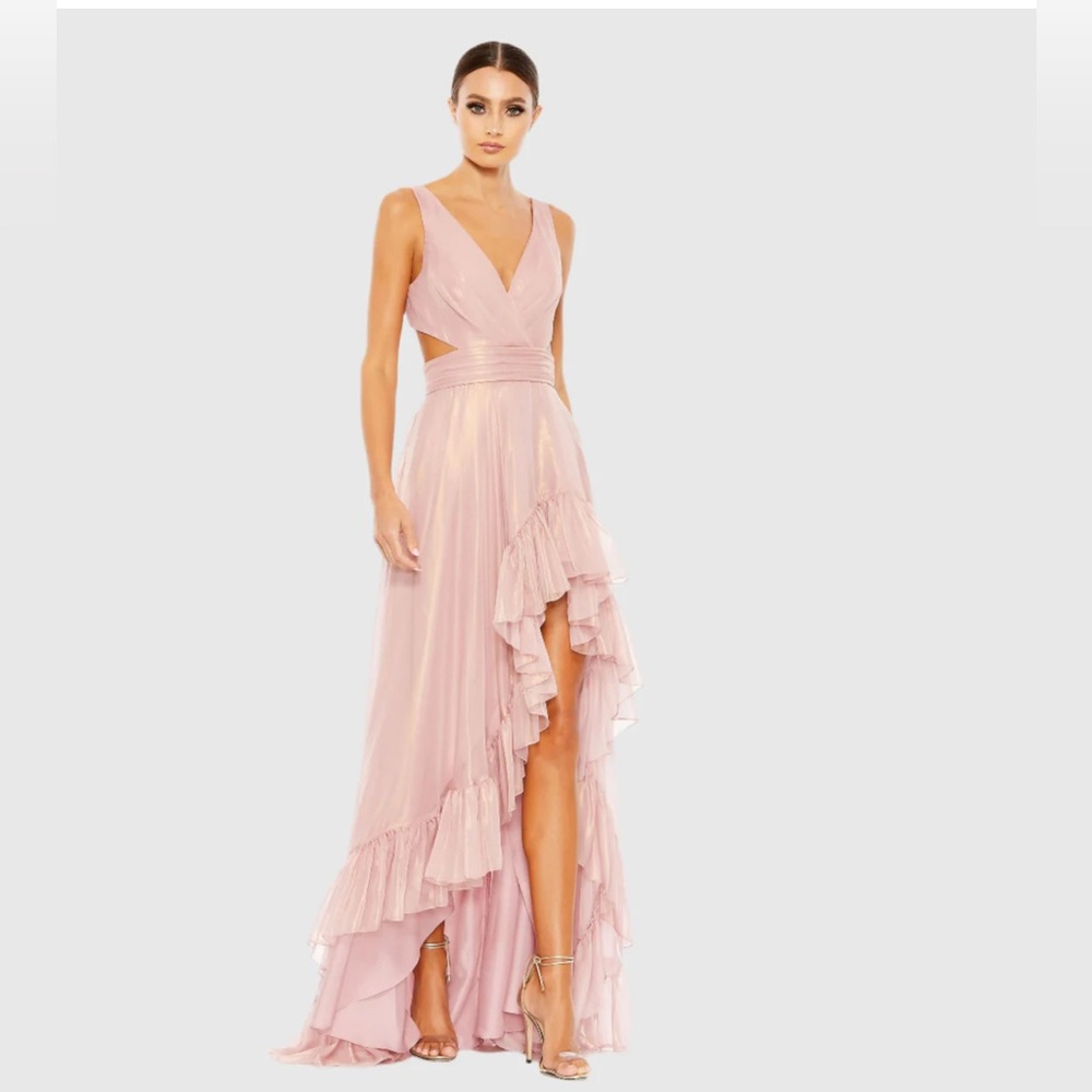 IEENA FOR MAC DUGGAL Cut Out High Low Ruffle Gown Size 16 Rose Gold